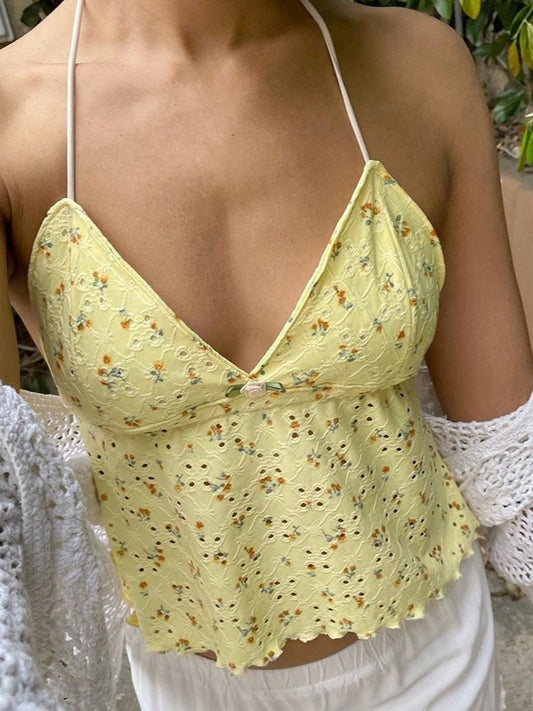 Yellow Y2K Print Cut Out Back Lace Up Cami Top