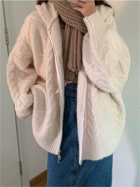 Vintage Oversize Weißer Cardigan mit Kapuze und Reißverschluss