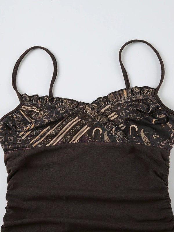 Brown Vintage Printed Ruffle Hem Cami Top