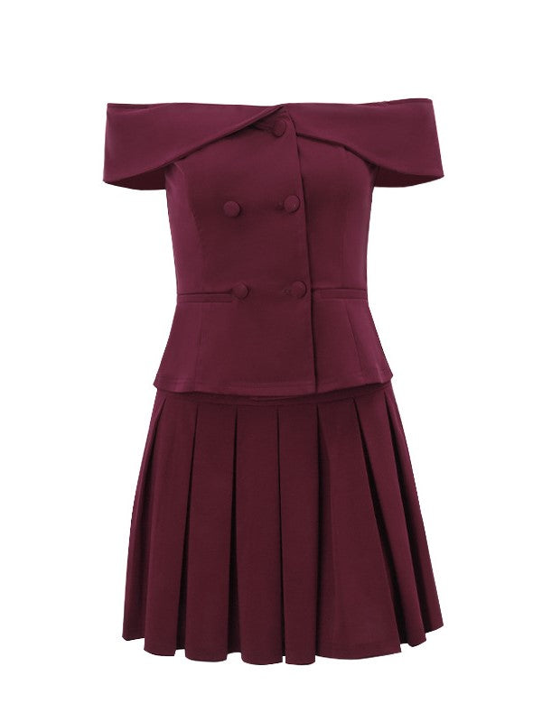 Burgundy Vintage Off Shoulder Button Top &amp; Mini Skirt Set