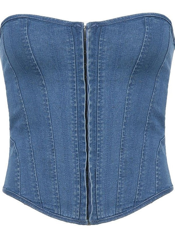 Blaues Vintage Hakenverschluss Denim Korsett Top