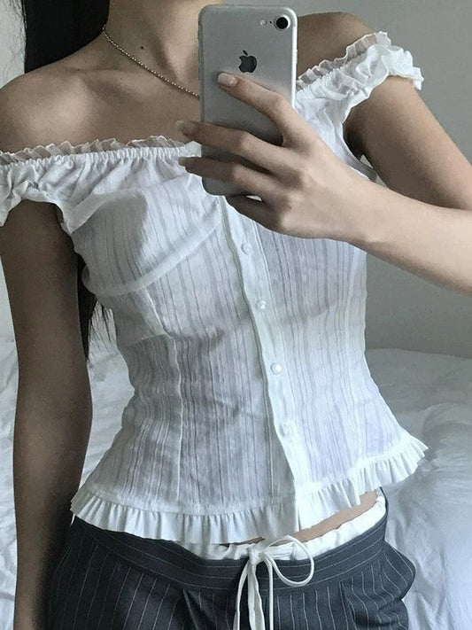 Vintage Spitze Verzierte Schulterfreie Bluse mit Knopfleiste Vorne