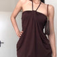 Brown Vintage Halter Off Shoulder Design Mini Dress