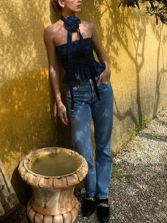 Vintage Denim Blumenverzierung Falten Bandeau Top