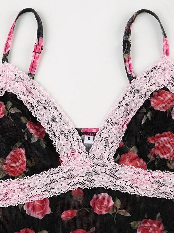 Canottiera patchwork in pizzo con motivo a rose francesi