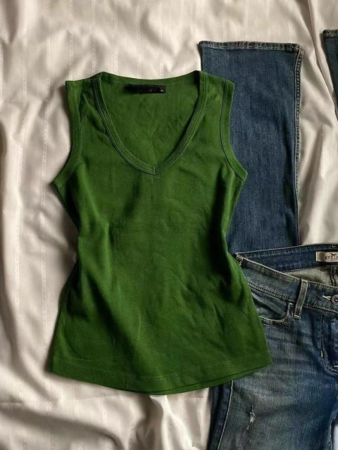 Grünes Vintage V Ausschnitt Ärmellosem Tank Top