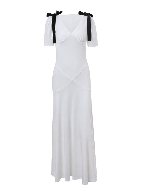 French V Neck Puff Sleeve Bow Tie Maxi Dress