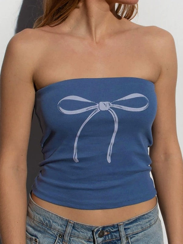 Top a fascia blu con stampa fiocco Y2K