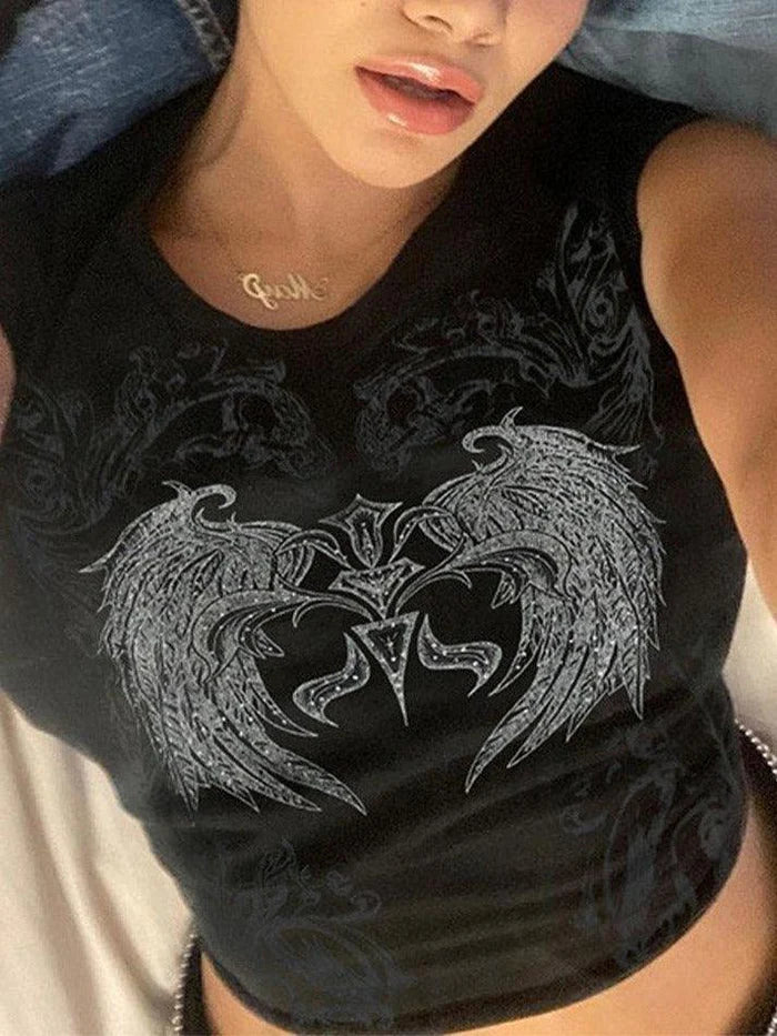 Black Grunge Rhinestone Crop Top with Wings Print