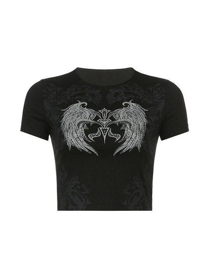 Black Grunge Rhinestone Crop Top with Wings Print