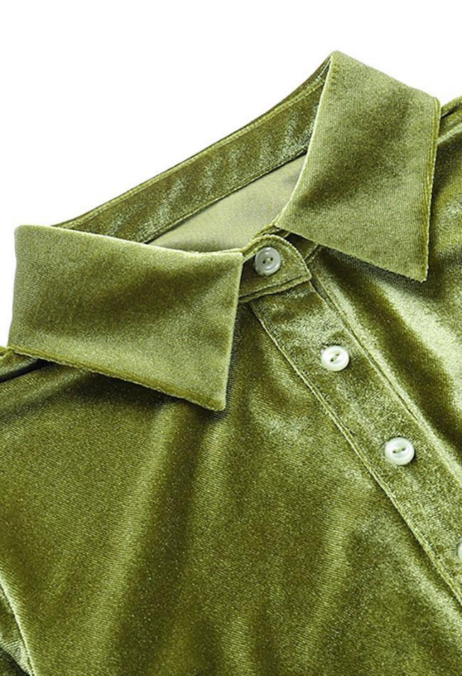 Green vintage velvet shirt dress with ruffles