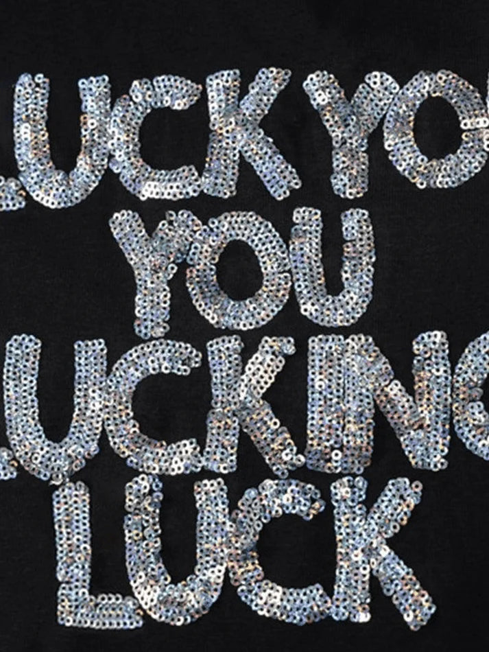 Black Vintage Sequin Letter Crop Top