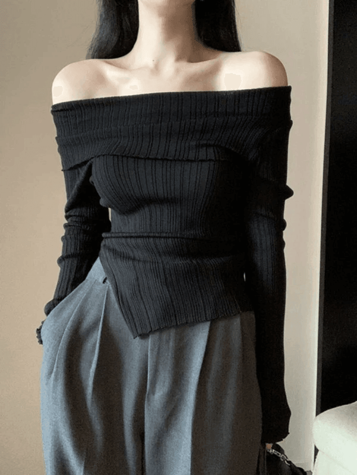 Off Shoulder Rippstrick Top mit Schlitz