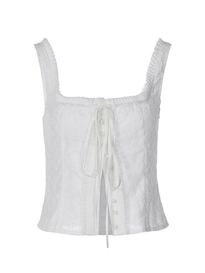 Vintage White Embroidery Cutout Cami Top with Square Neckline