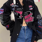 Black vintage motorcycle bomber jacket with embroidery