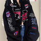 Black vintage motorcycle bomber jacket with embroidery