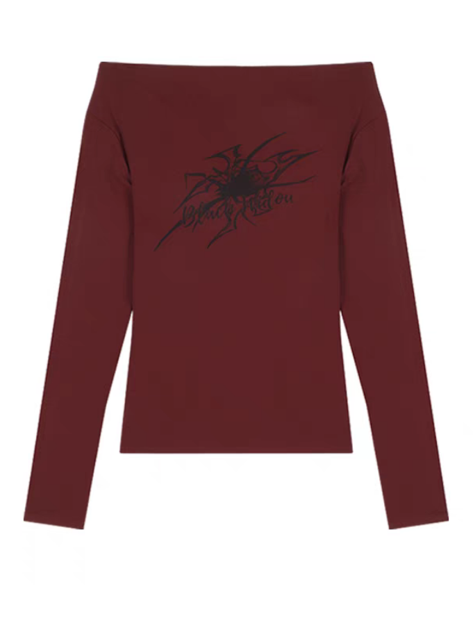 Top rosso punk con spalle scoperte e stampa grafica