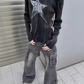 Black Y2K Slim Rib Long Sleeve Knit Top with Star Pattern