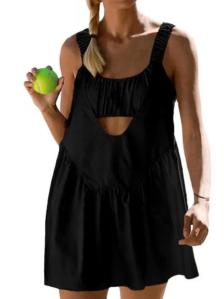 Black Sweet Tennis Workout Mini Dress with Integrated Bra and Shorts