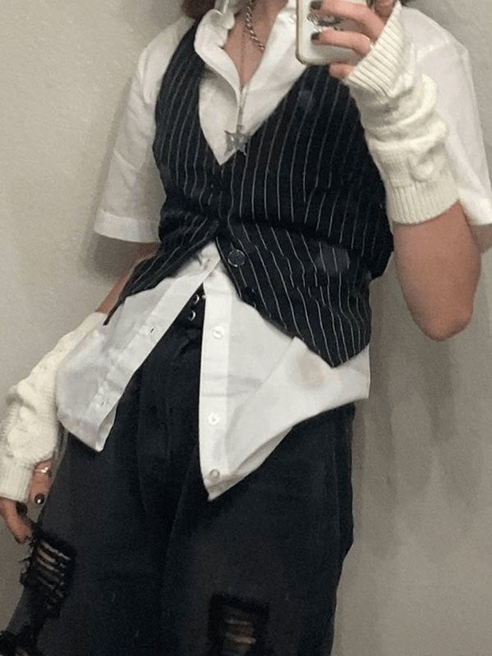 Top corsetto nero con scollo a V dolce e gessato