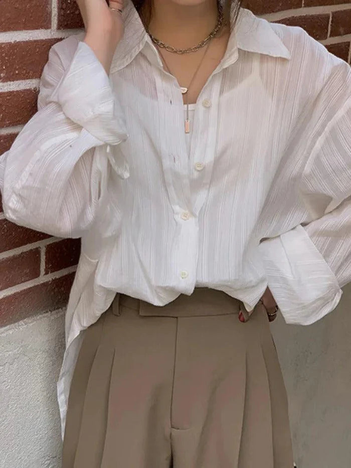 White Classic Versatile Textured Long Sleeve Blouse