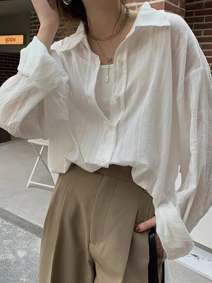 White Classic Versatile Textured Long Sleeve Blouse