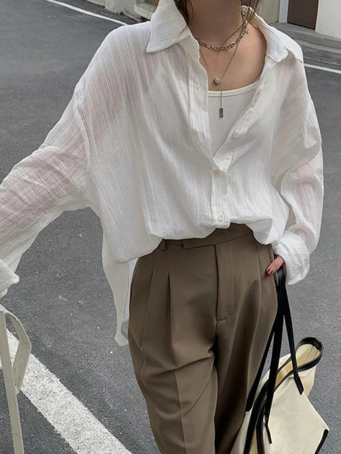 White Classic Versatile Textured Long Sleeve Blouse