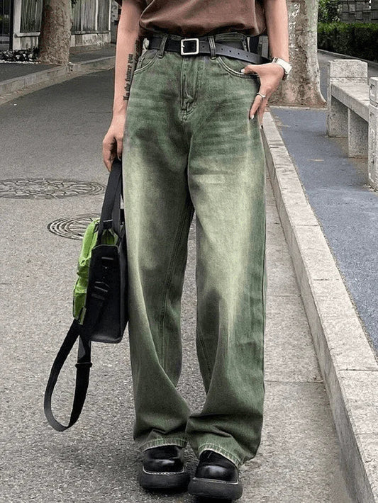 Grüne Vintage Verblasstem Effekt Boyfriend Jeans