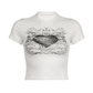 Y2k Heart Print Slim Fit Short Sleeve Crop Top