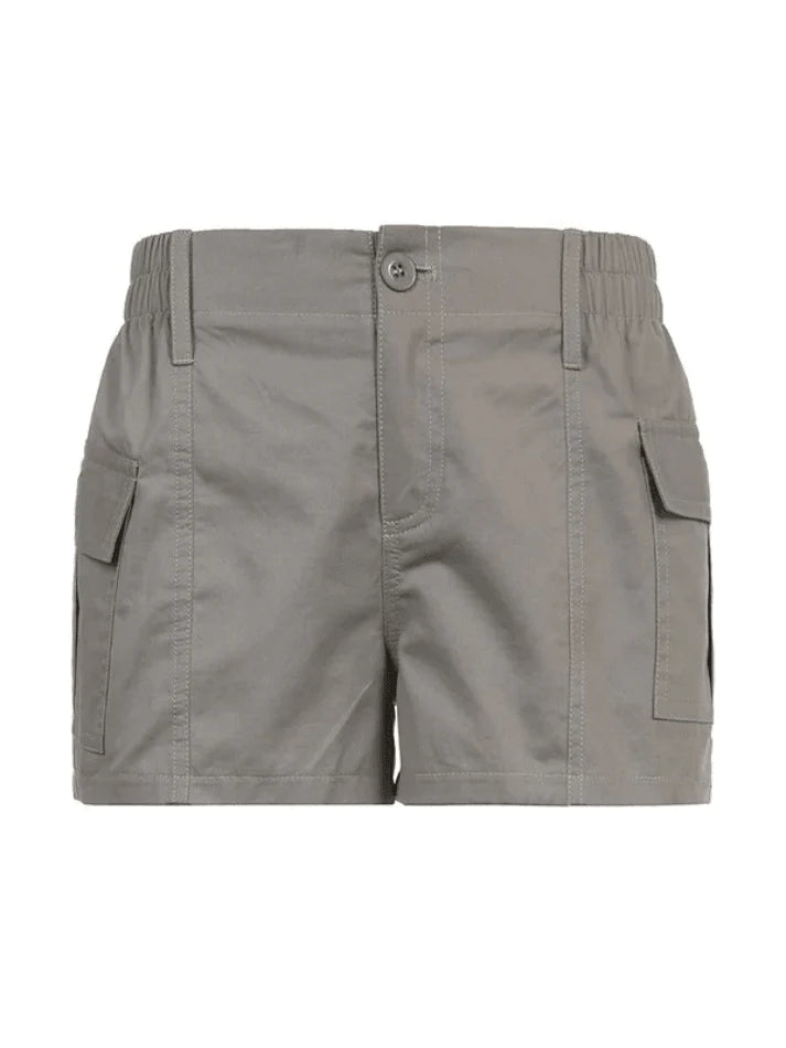 Graue Vintage Cargo Shorts mit Niedriger Bundhöhe und Taschen