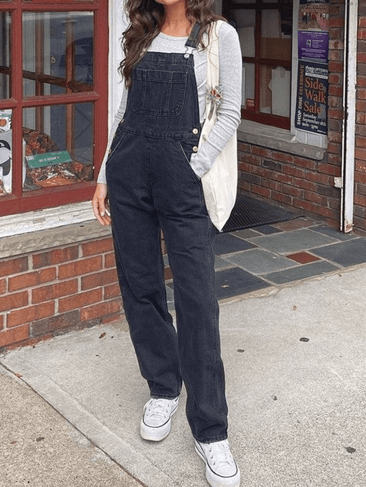 Schwarzer Vintage Washed Denim Overall mit Geradem Bein