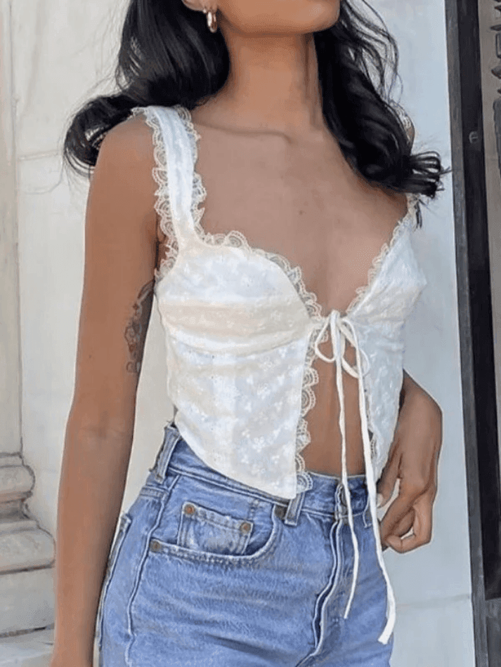 Weißes Lace Crop Tank Top mit Bindung Vorne