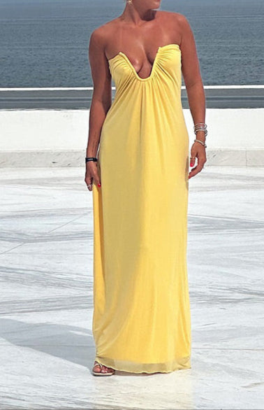 Abito lungo Samantha Yellow con spalle scoperte