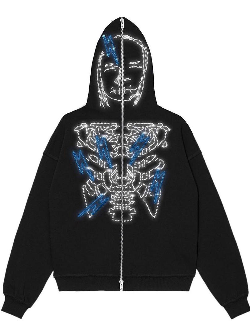 Zip Up Hoodie mit glitzernden Rhinestones und Gesicht Motiv