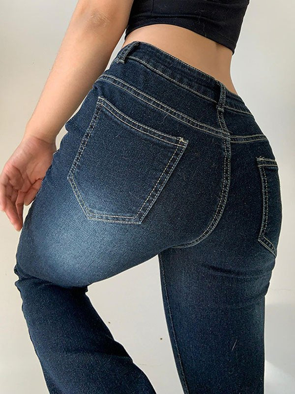 Dunkle Verwaschene Low Waist Vintage Schlaghose Jeans – Razys