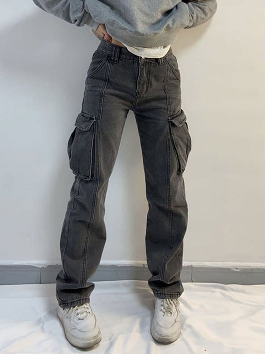 Verwaschene Graue Cargo Jeans mit mittlerer Taille