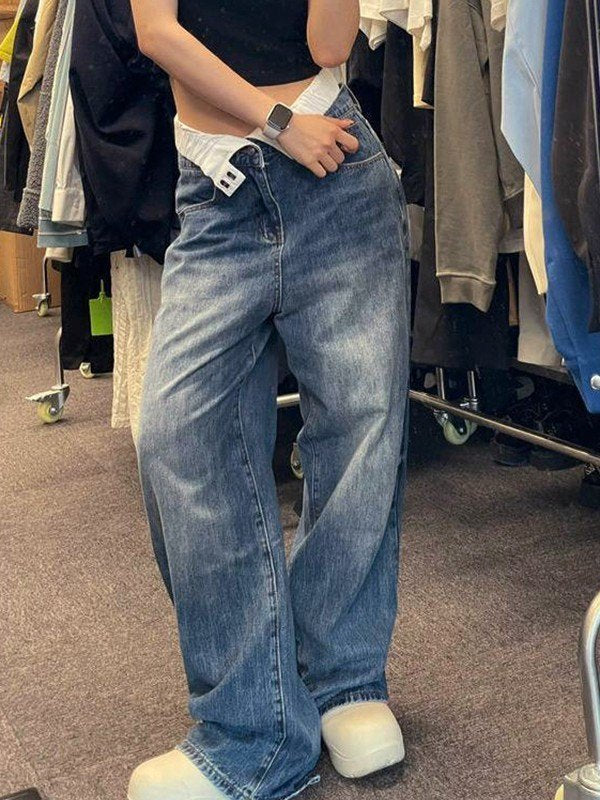 Faltbare Taille Boyfriend Jeans mit Patchwork