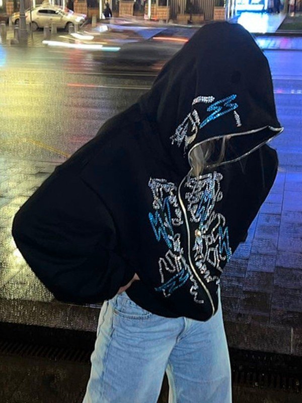 Zip Up Hoodie mit glitzernden Rhinestones und Gesicht Motiv