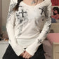 Vintage grunge rib top with cross motif and rhinestones