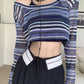 Top corto in maglia all'uncinetto a righe con contrasto