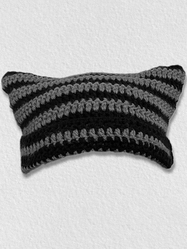 Handmade striped knitted hat with small horns